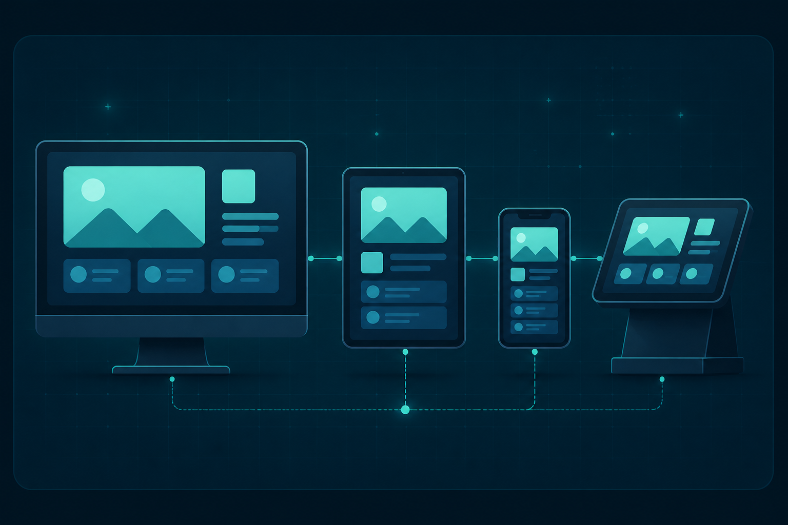 Illustration de la même interface NEXYA sur ordinateur, tablette, smartphone et terminal de caisse